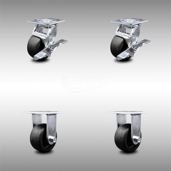 4 Inch SS Glass Filled Nylon Caster Set with Roller Bearing 2 Brakes 2 Rigid SCC
